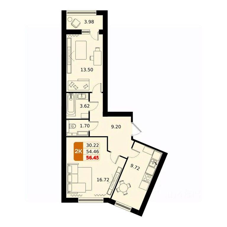 1-BD Apartment Sale, 56.45平方米 at Domodedovo park, Tvorchestva Street, Domodedovo Village, Domodedovo City District, Moscow Region, Russia #1