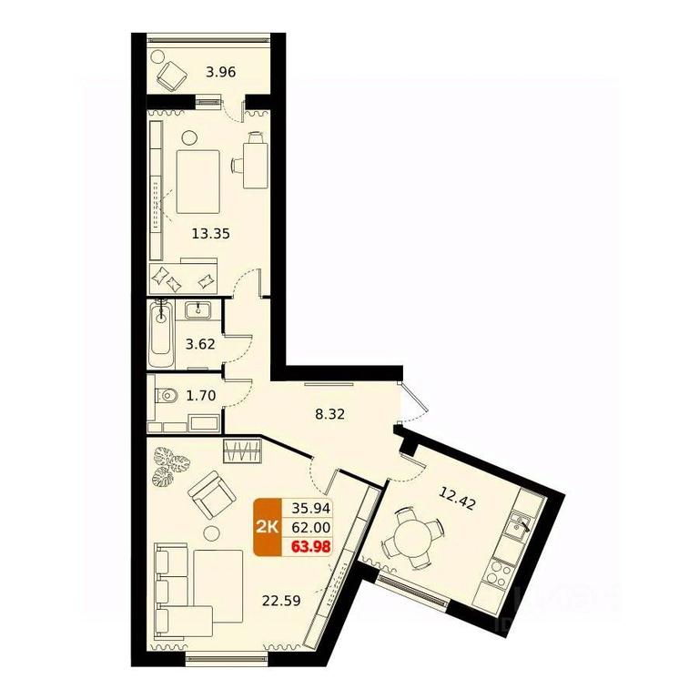 1-BD Apartment Sale, 63.98平方米 at Domodedovo park, Tvorchestva Street, Domodedovo Village, Domodedovo City District, Moscow Region, Russia #1