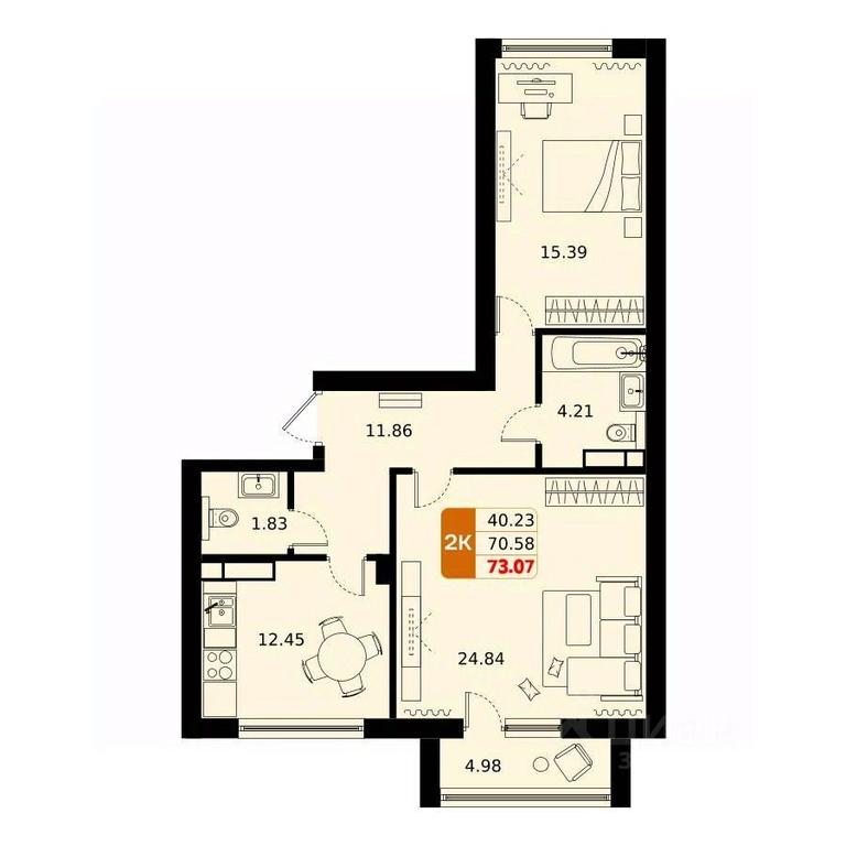 1-BD Apartment Sale, 73.07平方米 at Domodedovo park, Tvorchestva Street, Domodedovo Village, Domodedovo City District, Moscow Region, Russia #1