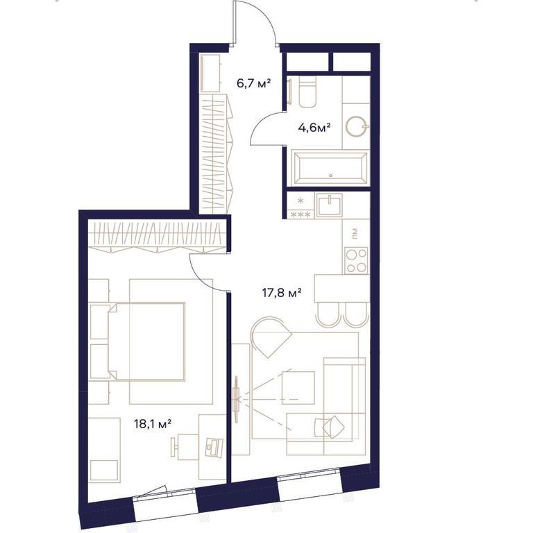 1-BD Apartment Sale, 47.2平方米 at Soyuz, Selskokhozyaystvennaya Street, Moscow, Russia #1