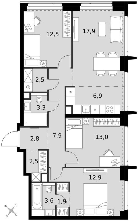 4-BD Apartment Sale, 87.7平方米 at Amber City, 3rd Khoroshyovsky Drive, 3А, Moscow, Russia #1