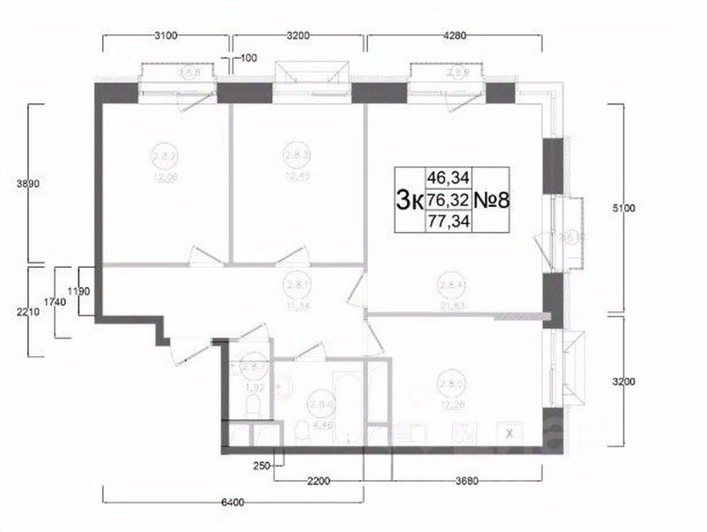 2-BD Apartment Sale, 77.34平方米 at Aviator-2, ulitsa Kurzenkova, 12, Naro-Fominsk, Moscow Region, Russia #2