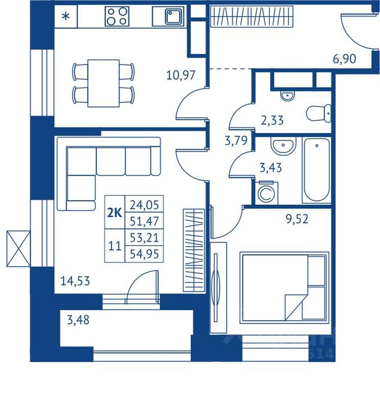 1-BD Apartment Sale, 51.47平方米 at POKOLENIE PERVYKh, Novyye Podlipki Microdistrict, Korolyov, Moscow Region, Russia #1