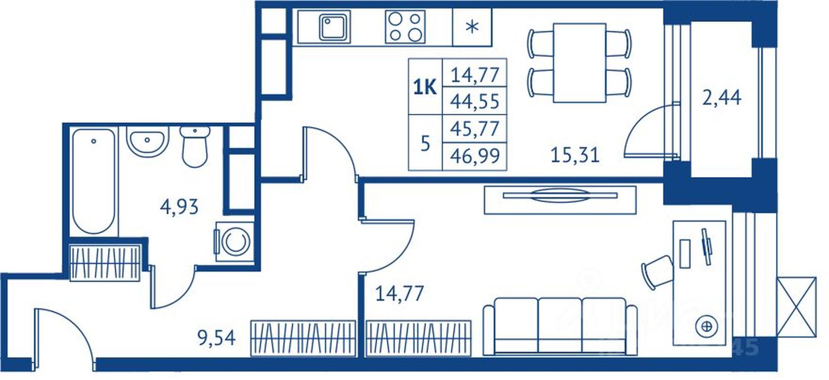 Apartment Sale, 44.55 sq. m. at POKOLENIE PERVYKh, Novyye Podlipki Microdistrict, Korolyov, Moscow Region, Russia #1