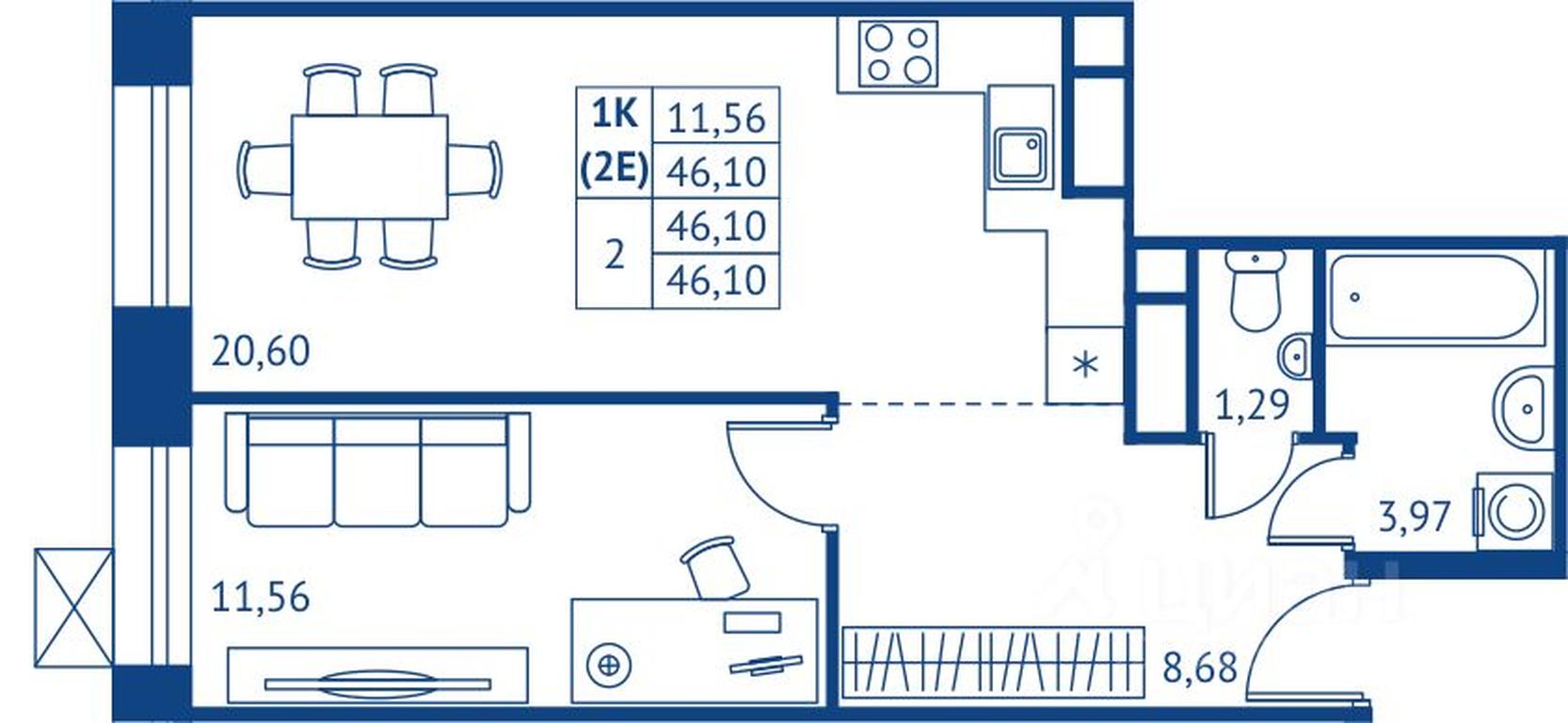 Apartment Sale, 46.1 sq. m. at POKOLENIE PERVYKh, Novyye Podlipki Microdistrict, Korolyov, Moscow Region, Russia #1