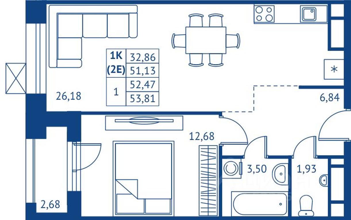 Apartment Sale, 51.13平方米 at POKOLENIE PERVYKh, Novyye Podlipki Microdistrict, Korolyov, Moscow Region, Russia #1