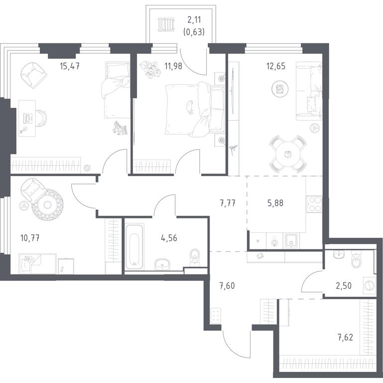 2-BD Apartment Sale, 87.43 sq. m. at Prigorod Lesnoe, Molodyozhny bulvar, 6, derevnya Misaylovo, Leninskiy City District, Moscow Region, Russia #1