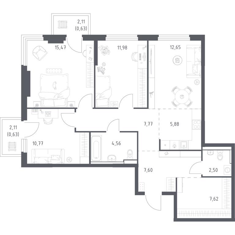 2-BD Apartment Sale, 88.06 sq. m. at Prigorod Lesnoe, Molodyozhny bulvar, 6, derevnya Misaylovo, Leninskiy City District, Moscow Region, Russia #1