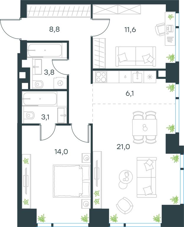 2-BD Apartment Sale, 68.4 sq. m. at Level Michurinskiy, Озёрная улица, вл1, Москва, Россия #1 2-BD Apartment Sale, 68.4 sq. m. at Level Michurinskiy, Озёрная улица, вл1, Москва, Россия #1