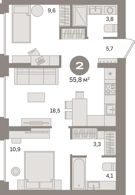2-BD Apartment Sale, 55.8平方米 at Pervy kvartal, Kalinovaya ulitsa, derevnya Sapronovo, Leninskiy City District, Moscow Region, Russia #1