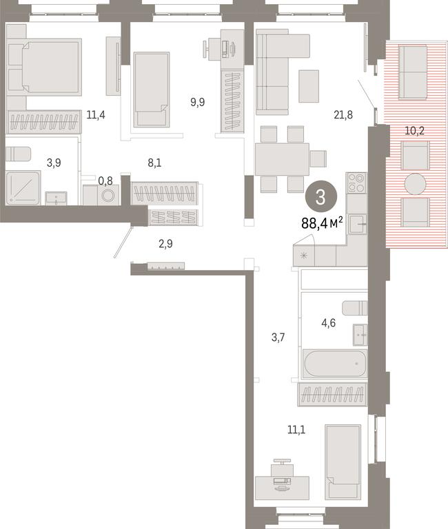 3-BD Apartment Sale, 88.4平方米 at Kvartal Metronom, Tagilskaya Street, Moscow, Russia #1