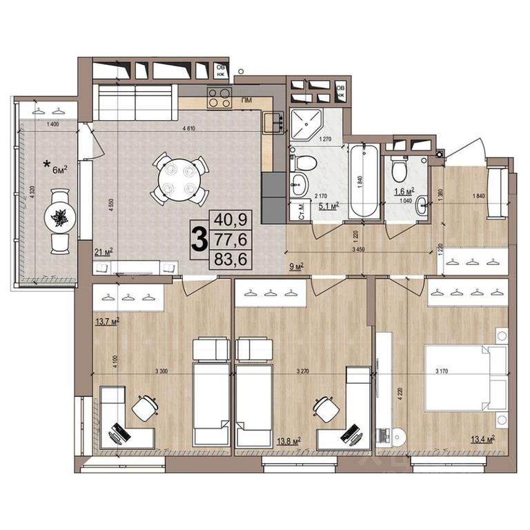 2-BD Apartment Sale, 83.6 sq. m. at Grand Komfort, Gudkova Street, Zhukovsky, Moscow Region, Russia #1