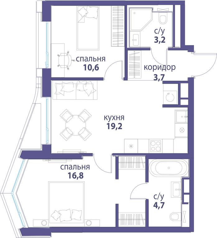 2-BD Apartment Sale, 58.2平方米 at Simvol, Nevelskogo Drive, 6к1, Moscow, Russia #1