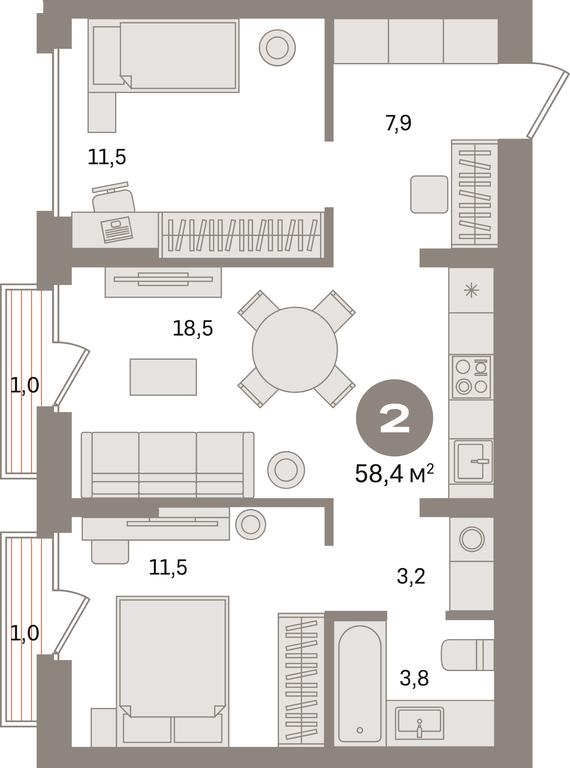 2-BD Apartment Sale, 58.4 sq. m. at Pervy kvartal, Kalinovaya ulitsa, derevnya Sapronovo, Leninskiy City District, Moscow Region, Russia #1