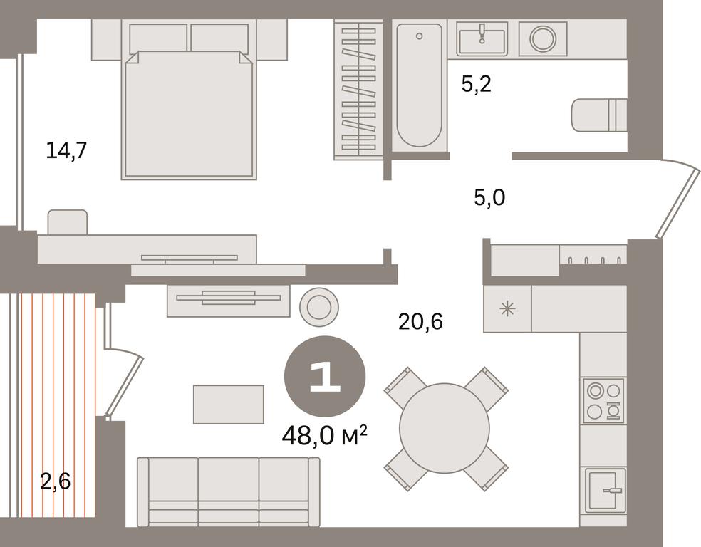 1-BD Apartment Sale, 48平方米 at Pervy kvartal, Kalinovaya ulitsa, derevnya Sapronovo, Leninskiy City District, Moscow Region, Russia #1
