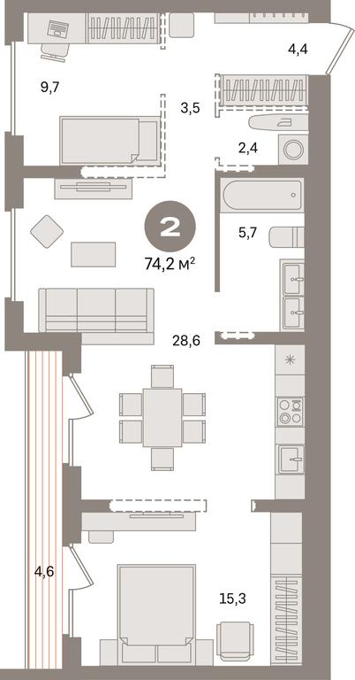 2-BD Apartment Sale, 74.2 sq. m. at Pervy kvartal, Kalinovaya ulitsa, derevnya Sapronovo, Leninskiy City District, Moscow Region, Russia #1