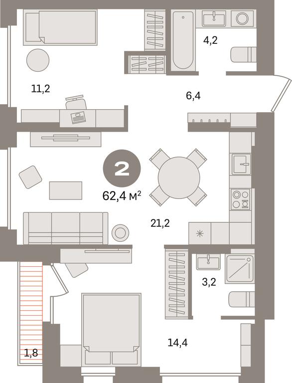 2-BD Apartment Sale, 62.4 sq. m. at Pervy kvartal, Kalinovaya ulitsa, derevnya Sapronovo, Leninskiy City District, Moscow Region, Russia #1