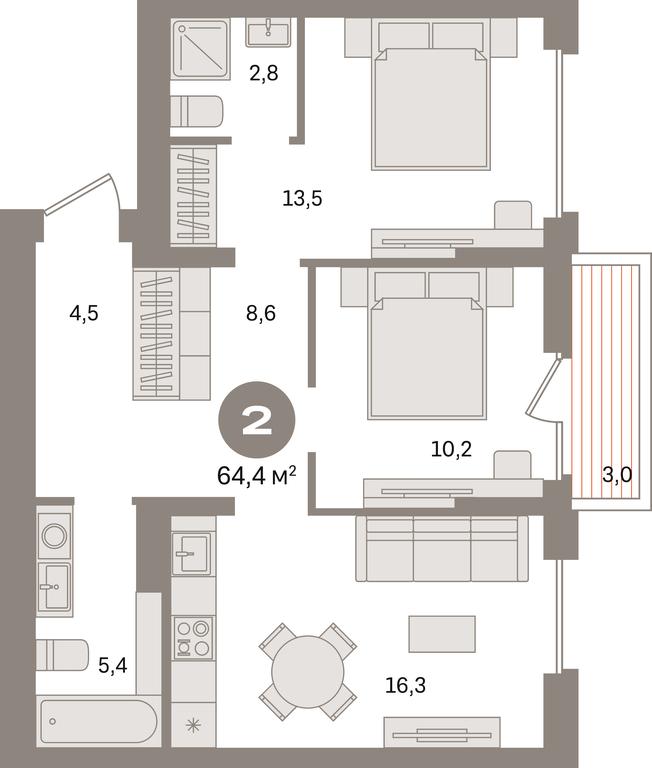 2-BD Apartment Sale, 64.4 sq. m. at Pervy kvartal, Kalinovaya ulitsa, derevnya Sapronovo, Leninskiy City District, Moscow Region, Russia #1