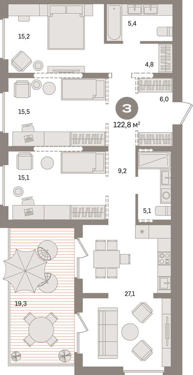 3-BD Apartment Sale, 122.8 sq. m. at Pervy kvartal, Kalinovaya ulitsa, derevnya Sapronovo, Leninskiy City District, Moscow Region, Russia #1