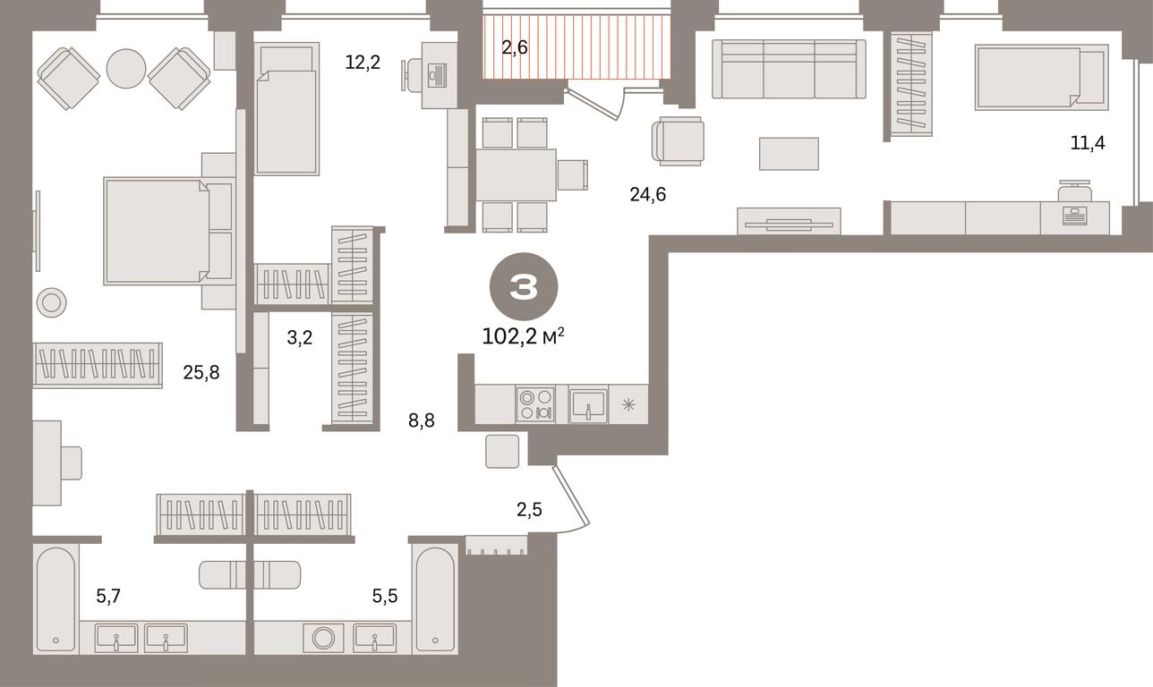 3-BD Apartment Sale, 102.2 sq. m. at Pervy kvartal, Kalinovaya ulitsa, derevnya Sapronovo, Leninskiy City District, Moscow Region, Russia #1