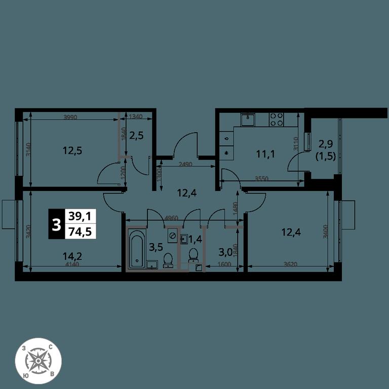 3-BD Apartment Sale, 74.5 sq. m. at Pervy Sheremetevskij, Komsomolskaya Street, 16, Khimki, Moscow Region, Russia #2
