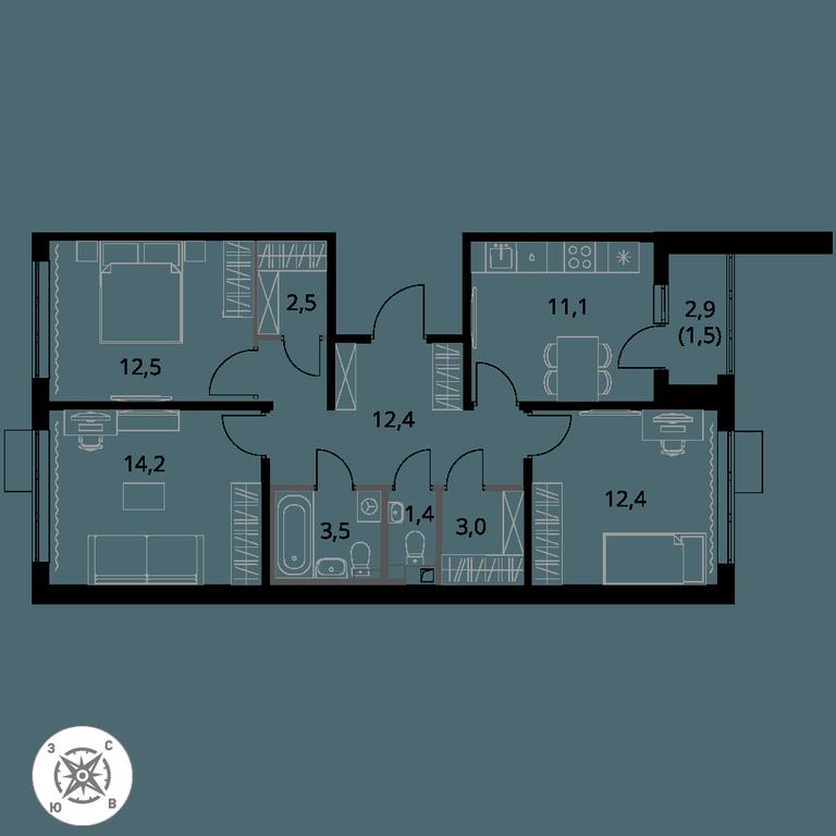 3-BD Apartment Sale, 74.5 sq. m. at Pervy Sheremetevskij, Komsomolskaya Street, 16, Khimki, Moscow Region, Russia #1