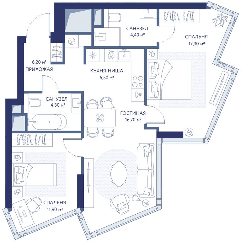 2-BD Apartment Sale, 67.3平方米 at HideOut, 3rd Setunsky Drive, Moscow, Russia #1