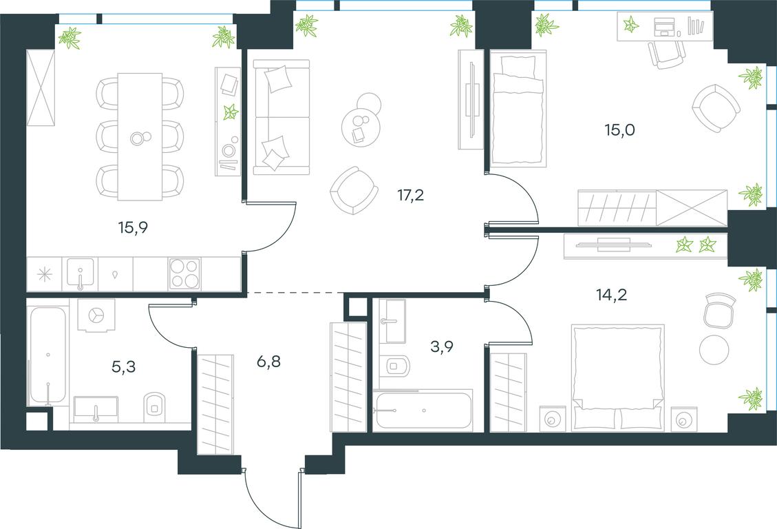 2-BD Apartment Sale, 78.3平方米 at Level Michurinskiy, Озёрная улица, вл1, Москва, Россия #1