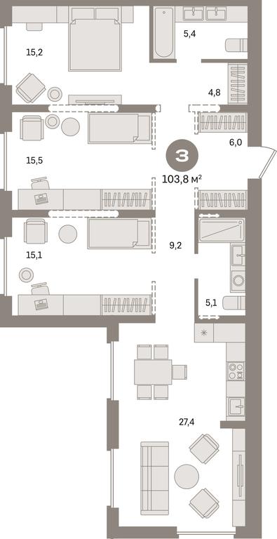 3-BD Apartment Sale, 103.8 sq. m. at Pervy kvartal, Kalinovaya ulitsa, derevnya Sapronovo, Leninskiy City District, Moscow Region, Russia #1