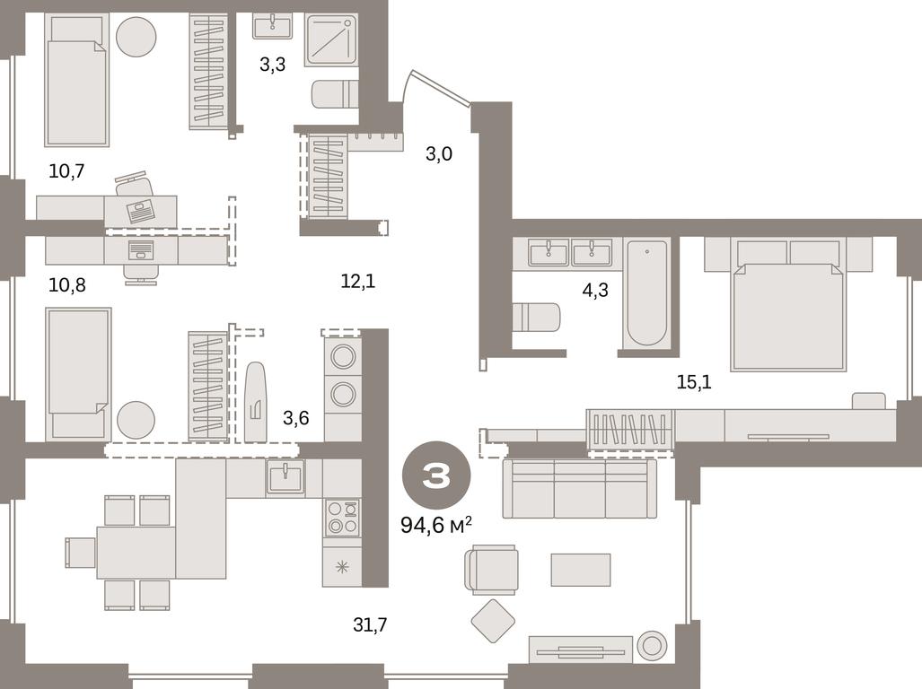 3-BD Apartment Sale, 94.6 sq. m. at Pervy kvartal, Kalinovaya ulitsa, derevnya Sapronovo, Leninskiy City District, Moscow Region, Russia #1