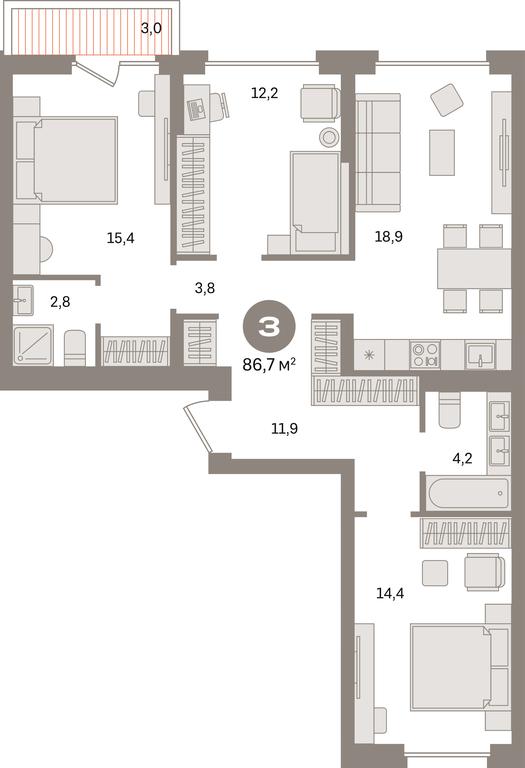 3-BD Apartment Sale, 86.7 sq. m. at Pervy kvartal, Kalinovaya ulitsa, derevnya Sapronovo, Leninskiy City District, Moscow Region, Russia #1