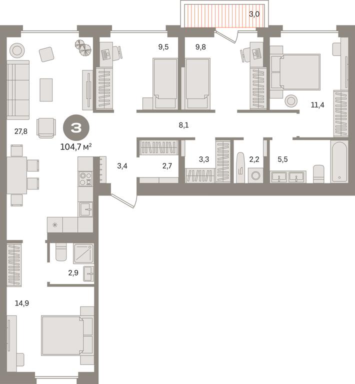 4-BD Apartment Sale, 104.7 sq. m. at Pervy kvartal, Kalinovaya ulitsa, derevnya Sapronovo, Leninskiy City District, Moscow Region, Russia #1