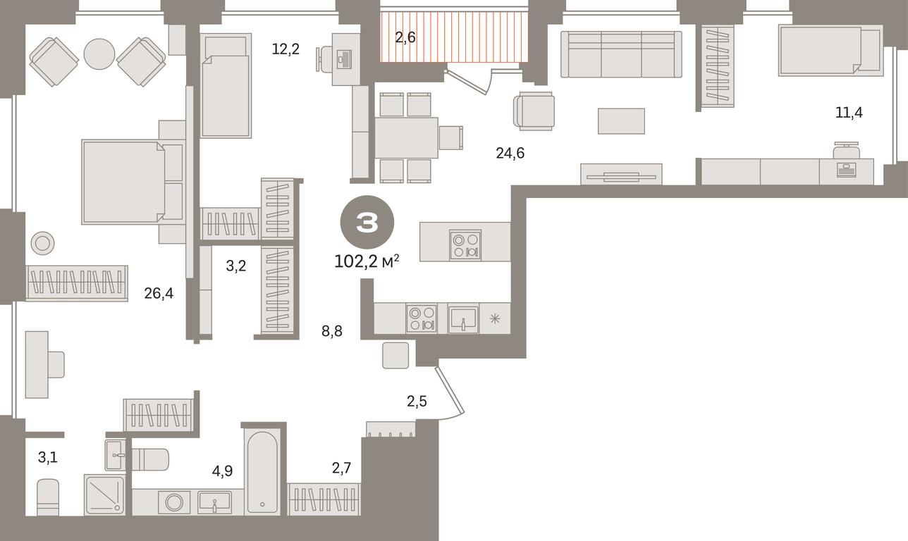 3-BD Apartment Sale, 102.2 sq. m. at Pervy kvartal, Kalinovaya ulitsa, derevnya Sapronovo, Leninskiy City District, Moscow Region, Russia #1
