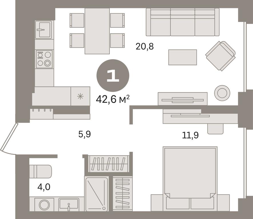 1-BD Apartment Sale, 42.6 sq. m. at Pervy kvartal, Kalinovaya ulitsa, derevnya Sapronovo, Leninskiy City District, Moscow Region, Russia #1