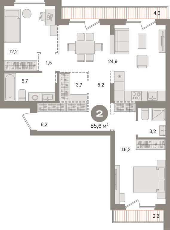 2-BD Apartment Sale, 85.6 sq. m. at Pervy kvartal, Kalinovaya ulitsa, derevnya Sapronovo, Leninskiy City District, Moscow Region, Russia #1