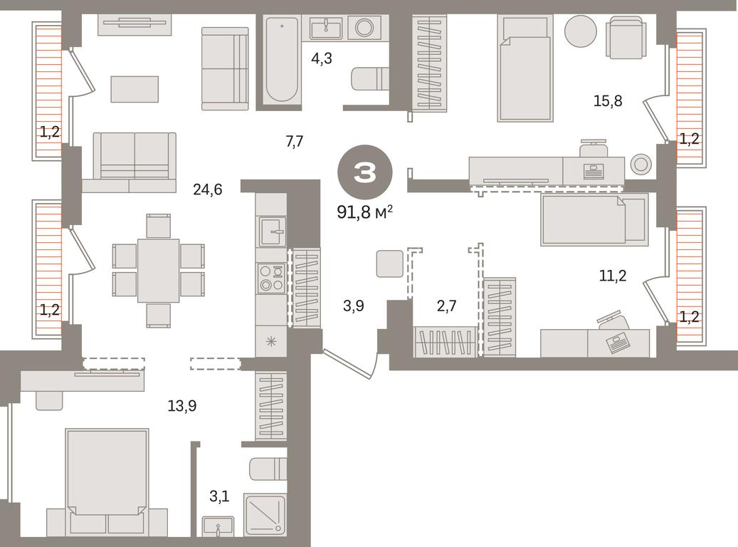 3-BD Apartment Sale, 91.8 sq. m. at Pervy kvartal, Kalinovaya ulitsa, derevnya Sapronovo, Leninskiy City District, Moscow Region, Russia #1