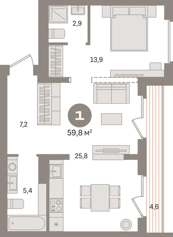 1-BD Apartment Sale, 59.8 sq. m. at Pervy kvartal, Kalinovaya ulitsa, derevnya Sapronovo, Leninskiy City District, Moscow Region, Russia #1