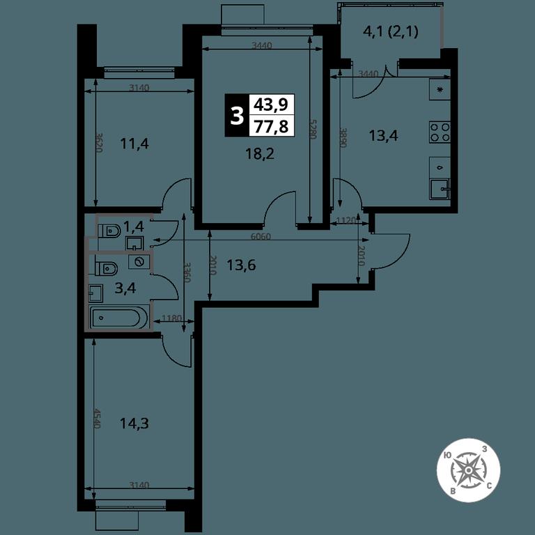 3-BD Apartment Sale, 77.8 sq. m. at Yzhnaya Bitsa, Yuzhnaya Bitsa Residential Complex, posyolok Bittsa, Leninskiy City District, Moscow Region, Russia #1