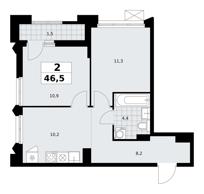 1-BD Apartment Sale, 46.5平方米 at Desnarechie, kvartal № 23, Desyonovskoye Settlement, Moscow, Russia #2