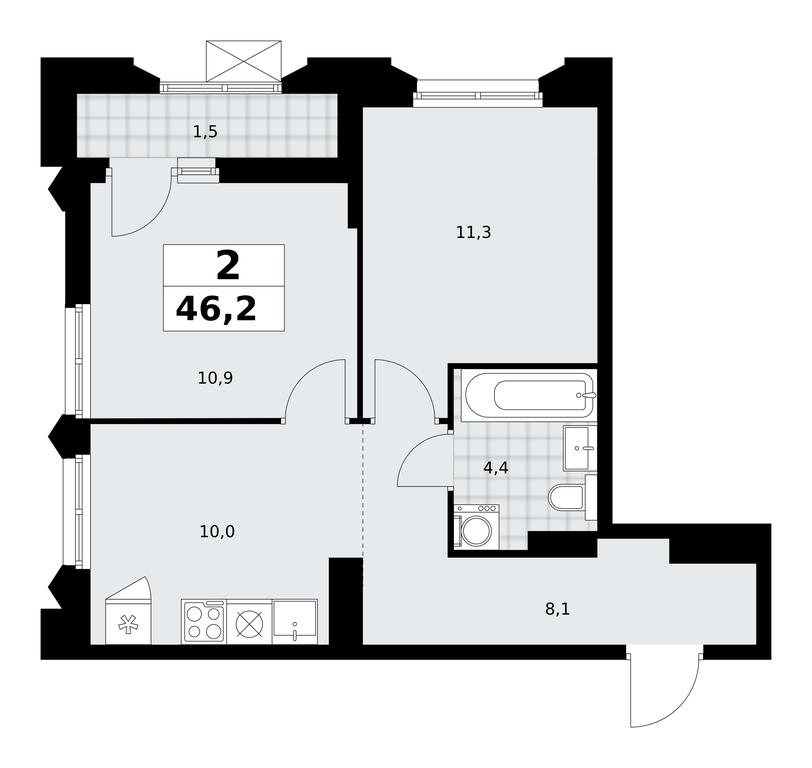 1-BD Apartment Sale, 46.2平方米 at Desnarechie, kvartal № 23, Desyonovskoye Settlement, Moscow, Russia #2