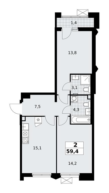 1-BD Apartment Sale, 59.4 sq. m. at Desnarechie, kvartal № 23, Desyonovskoye Settlement, Moscow, Russia #2