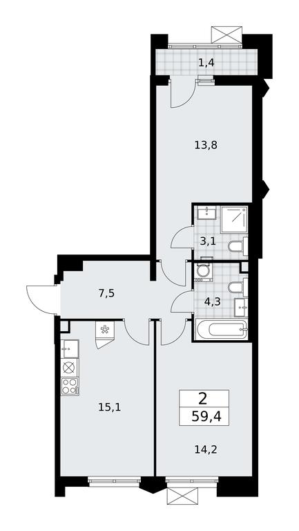 1-BD Apartment Sale, 59.4 sq. m. at Desnarechie, kvartal № 23, Desyonovskoye Settlement, Moscow, Russia #1