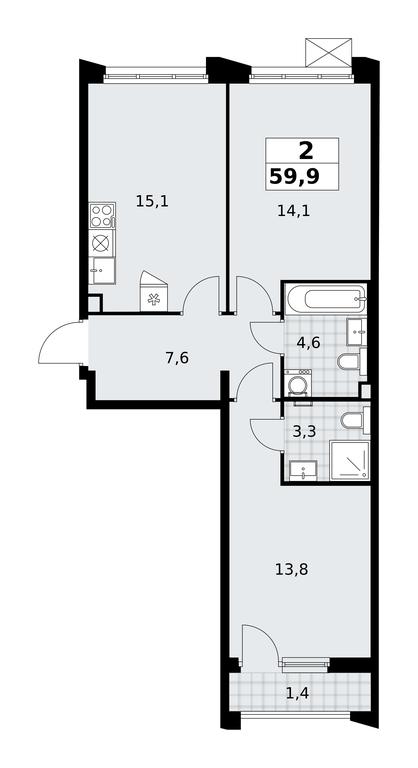1-BD Apartment Sale, 59.9 sq. m. at Desnarechie, kvartal № 23, Desyonovskoye Settlement, Moscow, Russia #2