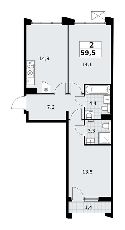 1-BD Apartment Sale, 59.5 sq. m. at Desnarechie, kvartal № 23, Desyonovskoye Settlement, Moscow, Russia #2
