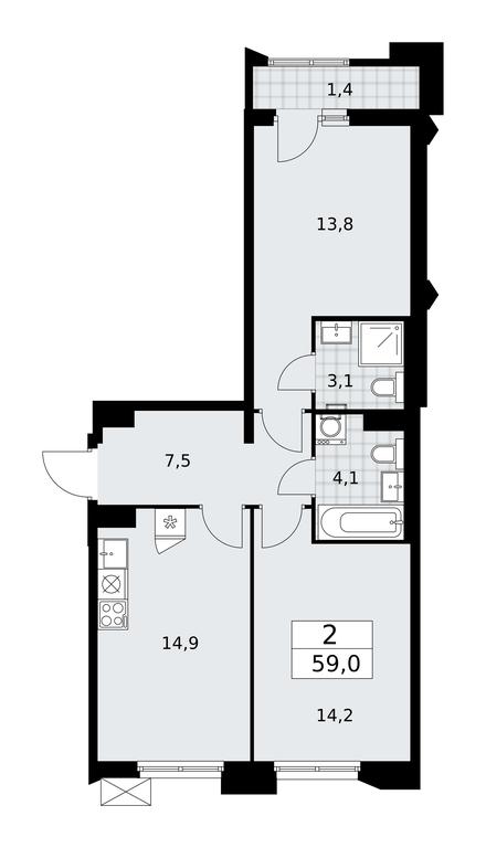 1-BD Apartment Sale, 59 sq. m. at Desnarechie, kvartal № 23, Desyonovskoye Settlement, Moscow, Russia #1