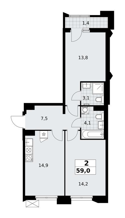 1-BD Apartment Sale, 59 sq. m. at Desnarechie, kvartal № 23, Desyonovskoye Settlement, Moscow, Russia #2
