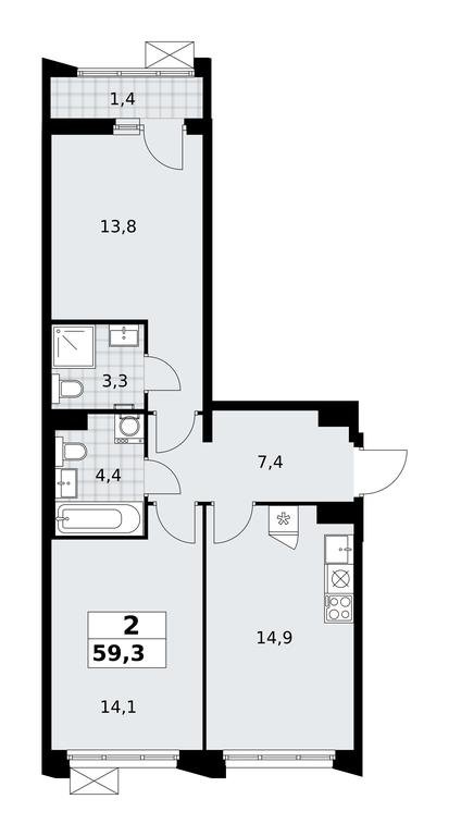1-BD Apartment Sale, 59.3 sq. m. at Desnarechie, kvartal № 23, Desyonovskoye Settlement, Moscow, Russia #2