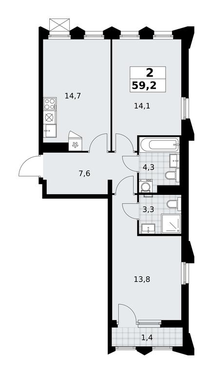 1-BD Apartment Sale, 59.2 sq. m. at Desnarechie, kvartal № 23, Desyonovskoye Settlement, Moscow, Russia #2