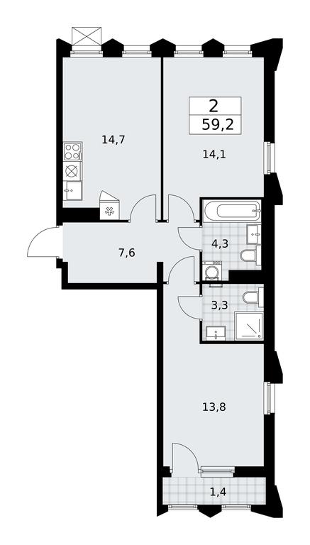 1-BD Apartment Sale, 59.2 sq. m. at Desnarechie, kvartal № 23, Desyonovskoye Settlement, Moscow, Russia #1