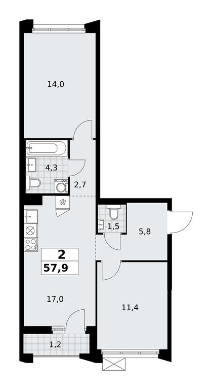 1-BD Apartment Sale, 57.9 sq. m. at Desnarechie, kvartal № 23, Desyonovskoye Settlement, Moscow, Russia #2